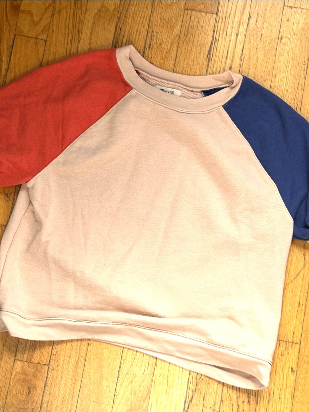 Madewell Colorblock Crop Sweatshirt in Blush with Red & Blue Sleeves